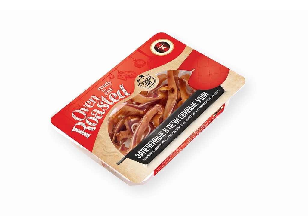 In de oven gebakken varkensoortoren, gesneden, gezouten en gekruid, met maïs- en raapzaad-eiwit hydrolysaat.