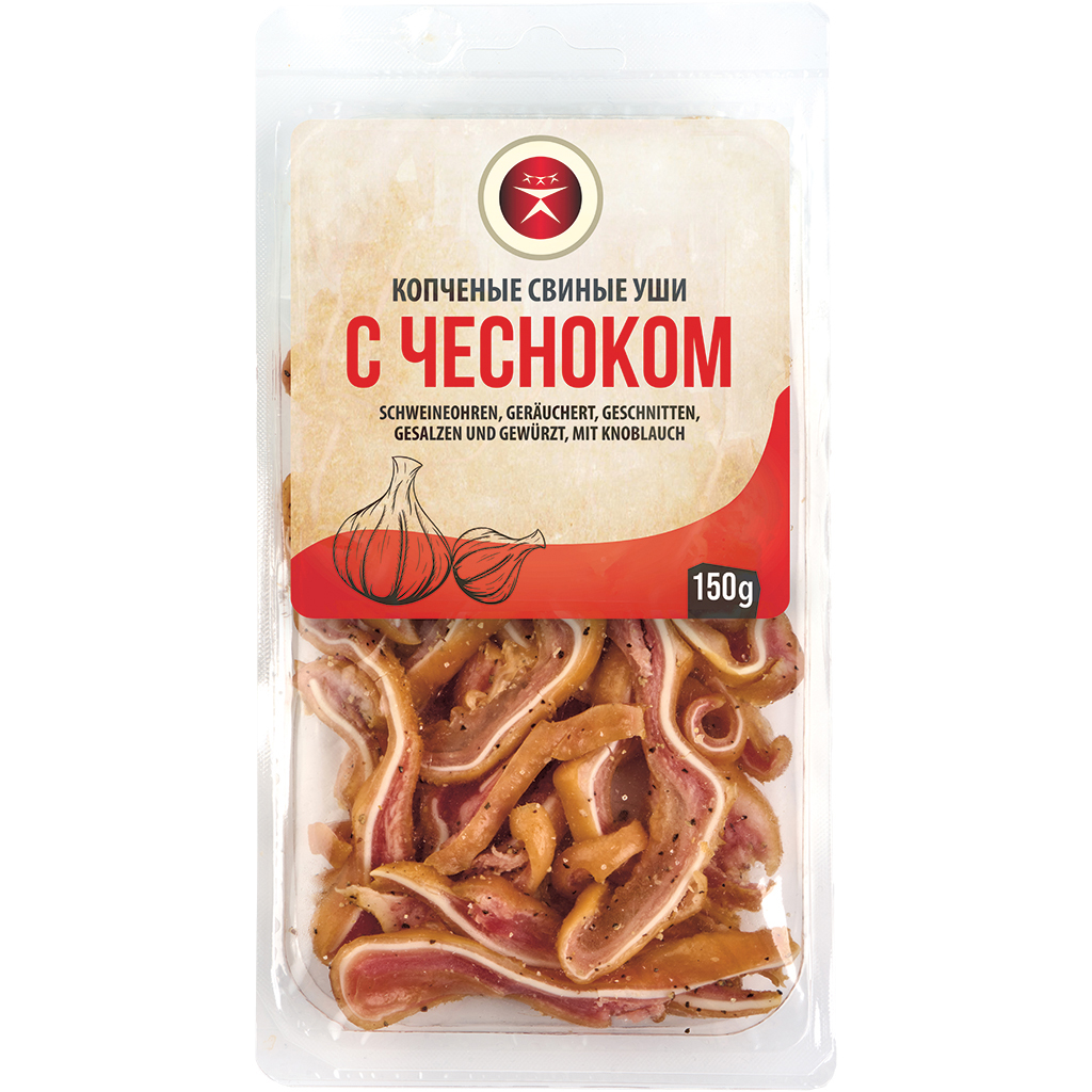 Varkensoortjes, gerookt, gesneden, gezouten en gekruid, met knoflook