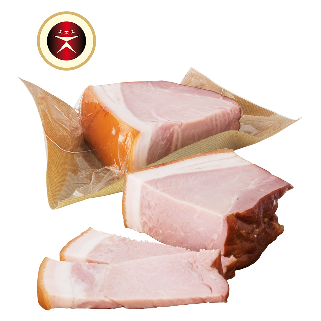 Varkensvlees met knoflook, gezouten, gekookt en gerookt, bevat toegevoegd water.