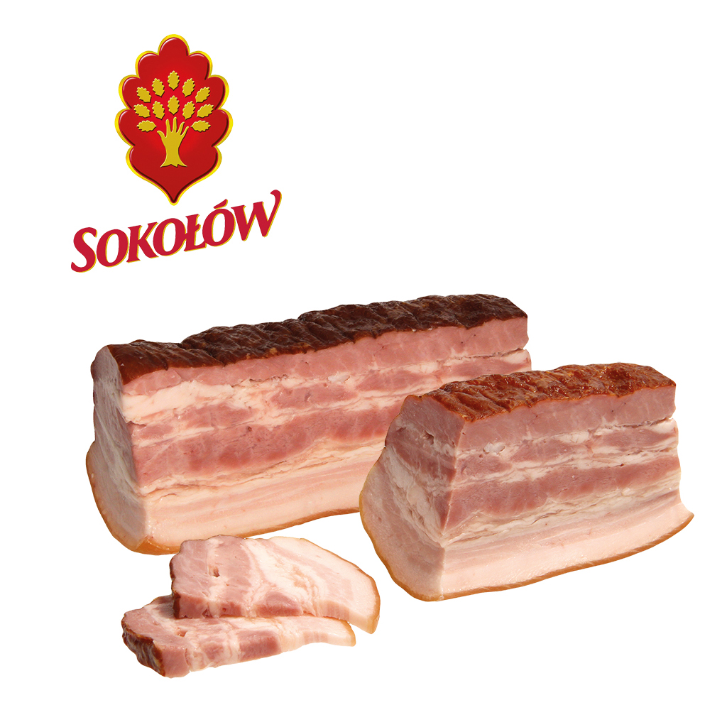 Gezouten, gekookt en gerookt varkensbuik.