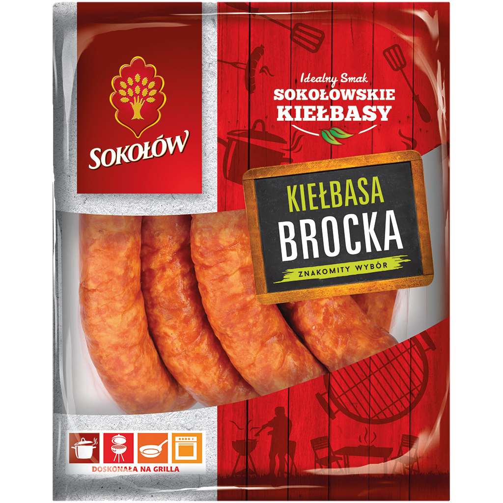 Middelgrote varkensworst "Kielbasa Brocka" met kippenvlees, gerookt. Met toevoeging van dierlijke eiwitten (varken).