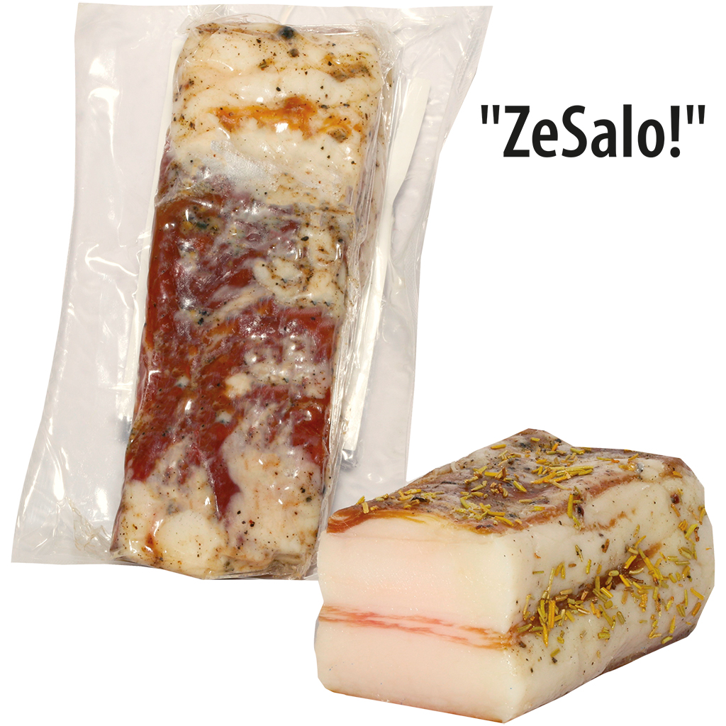 Gekruid varkensbuikspek "ZeSalo!" met knoflook 0,3%.