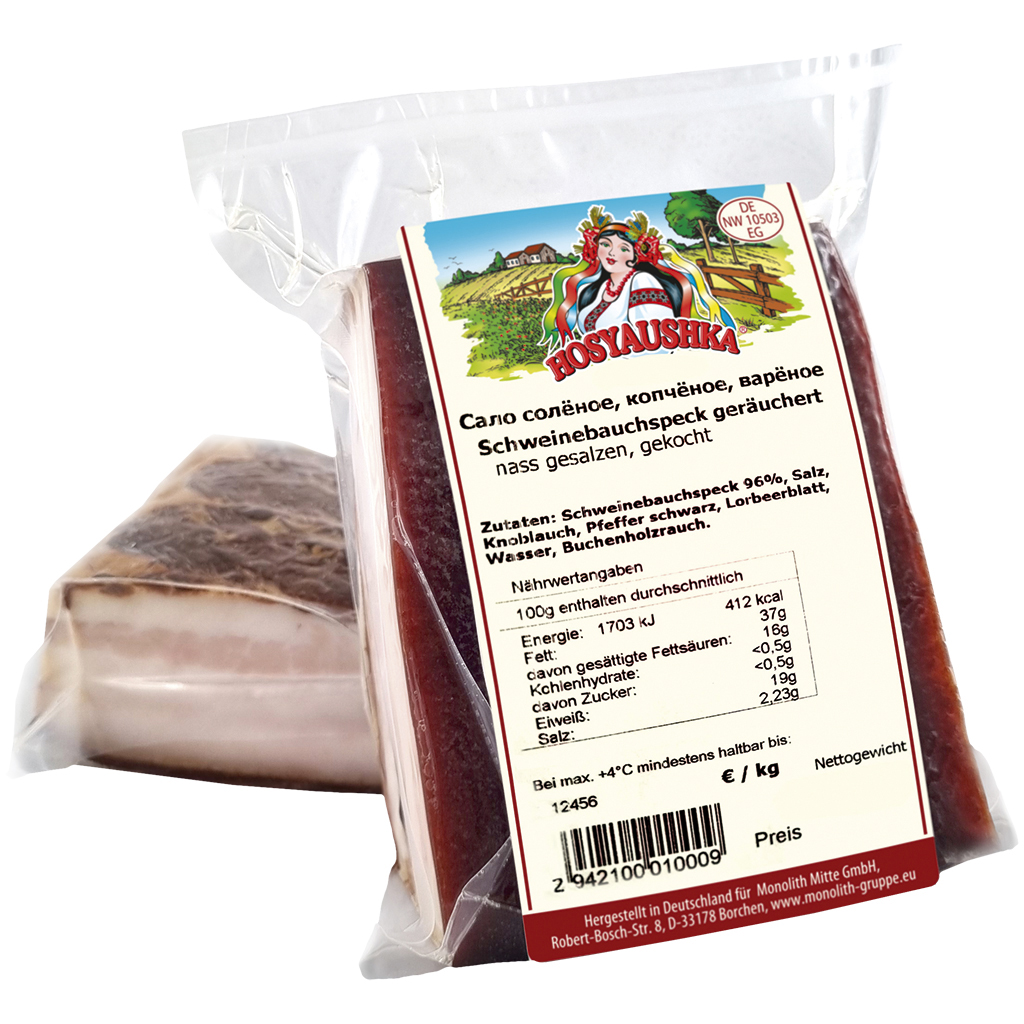 Hosyaushka varkensbuikvet gerookt, nat gezouten, gekookt.