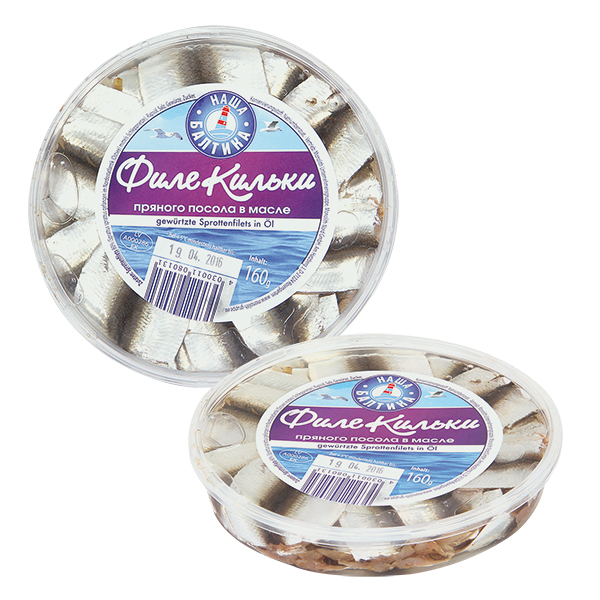 Gekruide sprottenfilets (Sprattus sprattus) in olie.