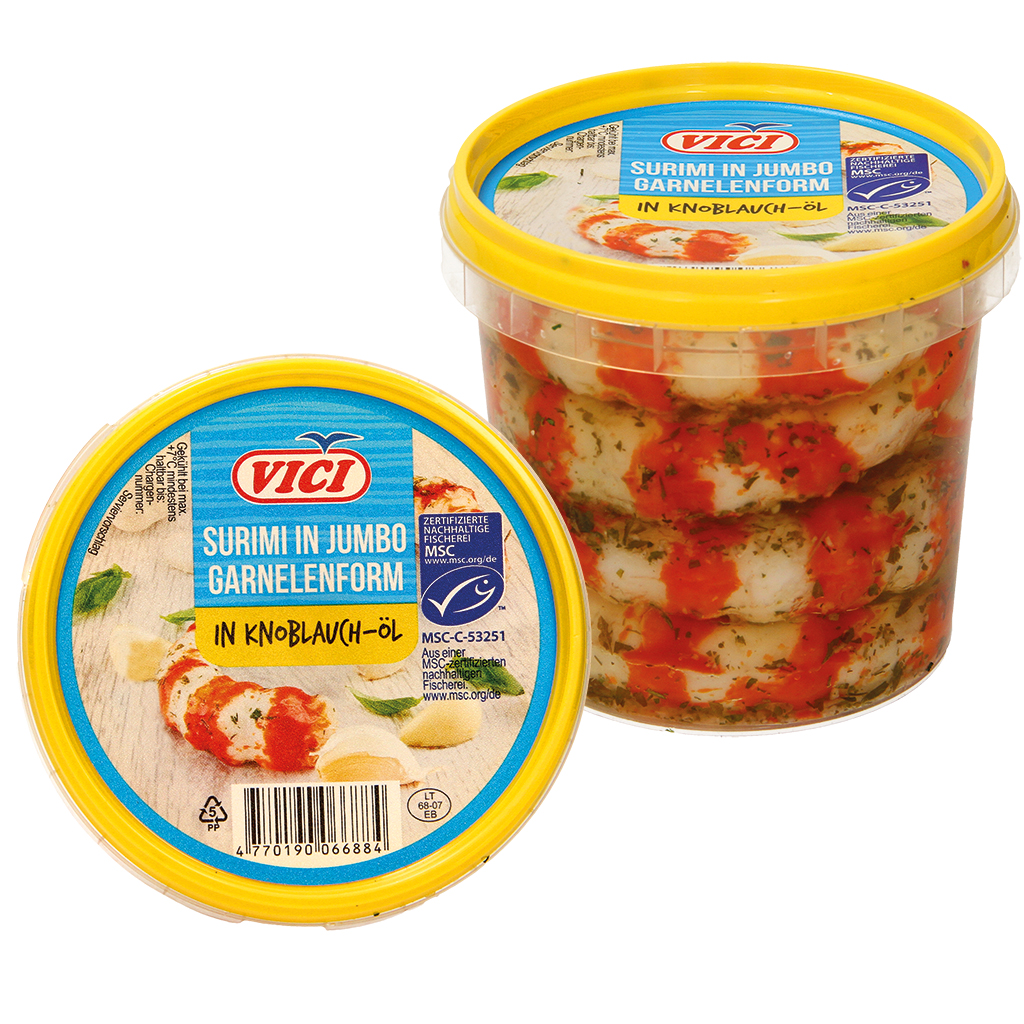 Surimi-garnalenimitatie van visspiereiwit, in knoflookolie