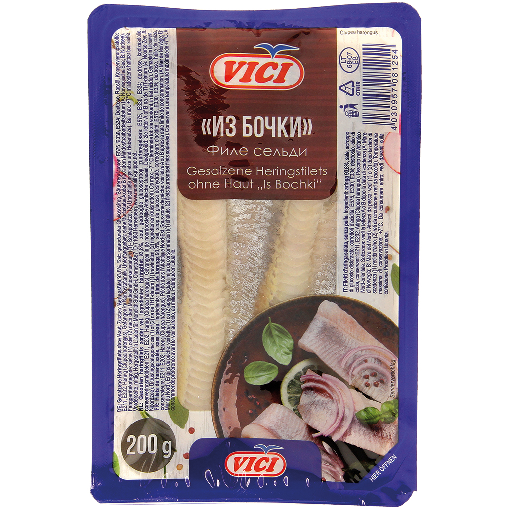 Gezouten haringfilets (Clupea harengus) zonder huid "Is Bochki".
