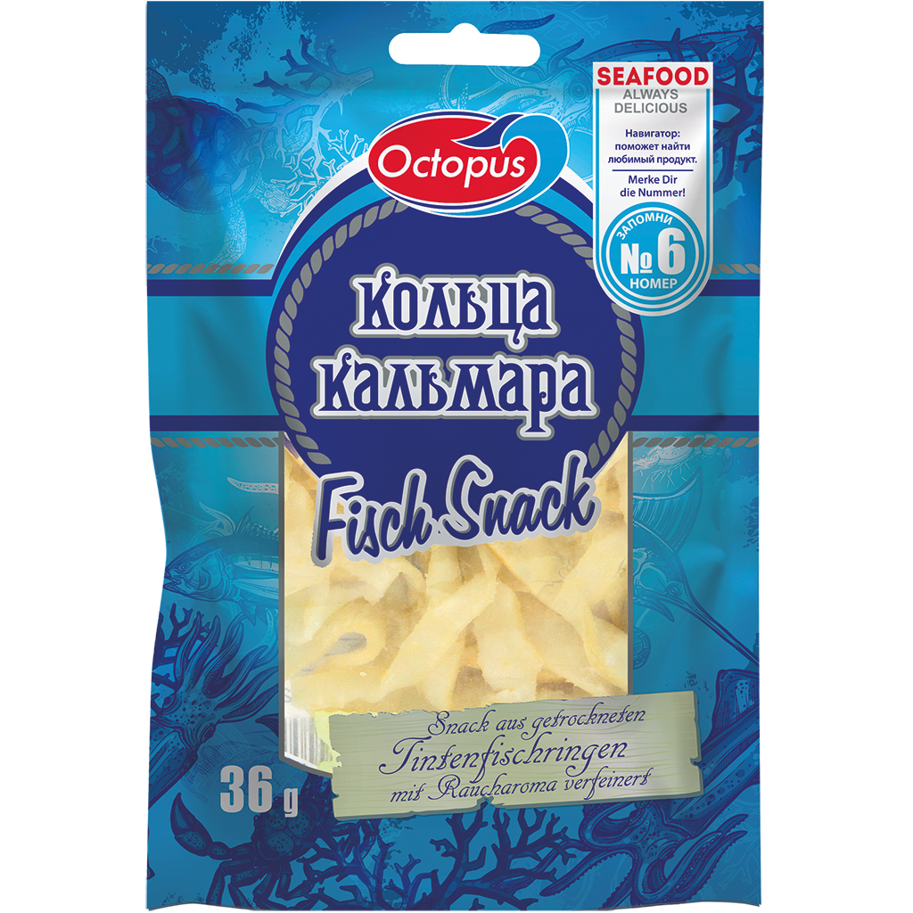 Snack van gedroogde inktvisringen met gerookte aroma.