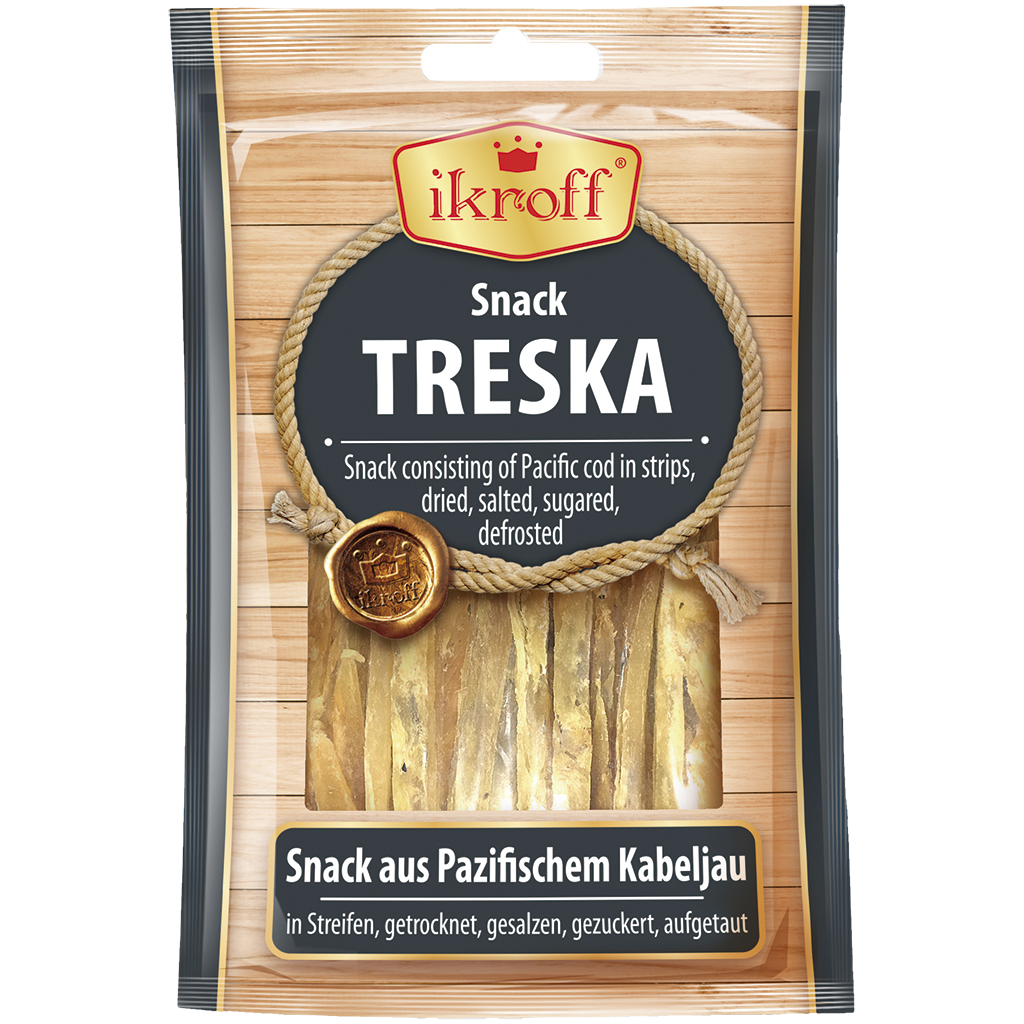 "IKROFF" Snack van Pacifische Kabeljauw in reepjes, gedroogd, gezouten, gezoet, ontdooid.