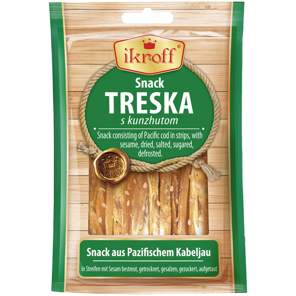"IKROFF" Закуска из трески соломкой, обсыпанная кунжутом, сухая и соленая, размороженная