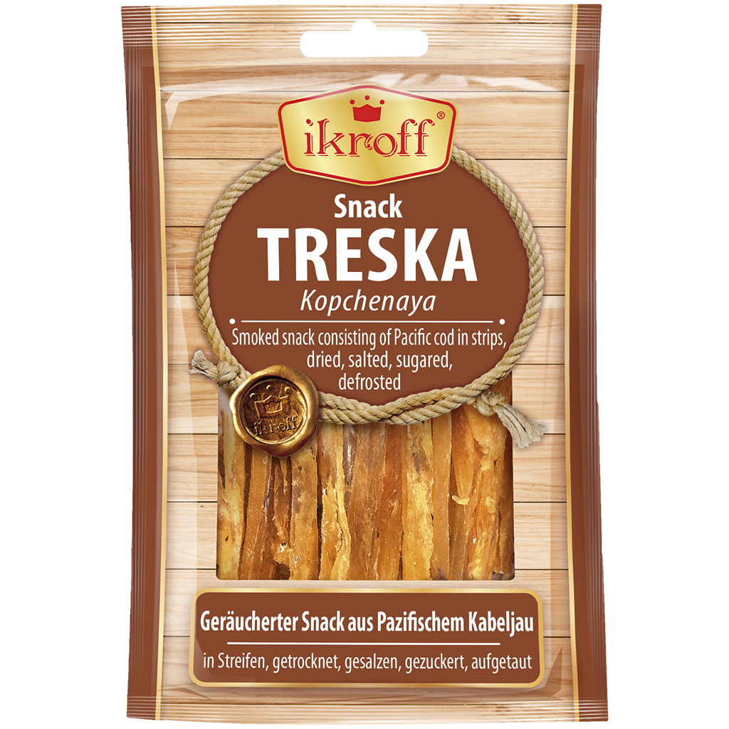 "IKROFF" Копченая Закуска из трески соломкой, сухая и соленая, размороженная
