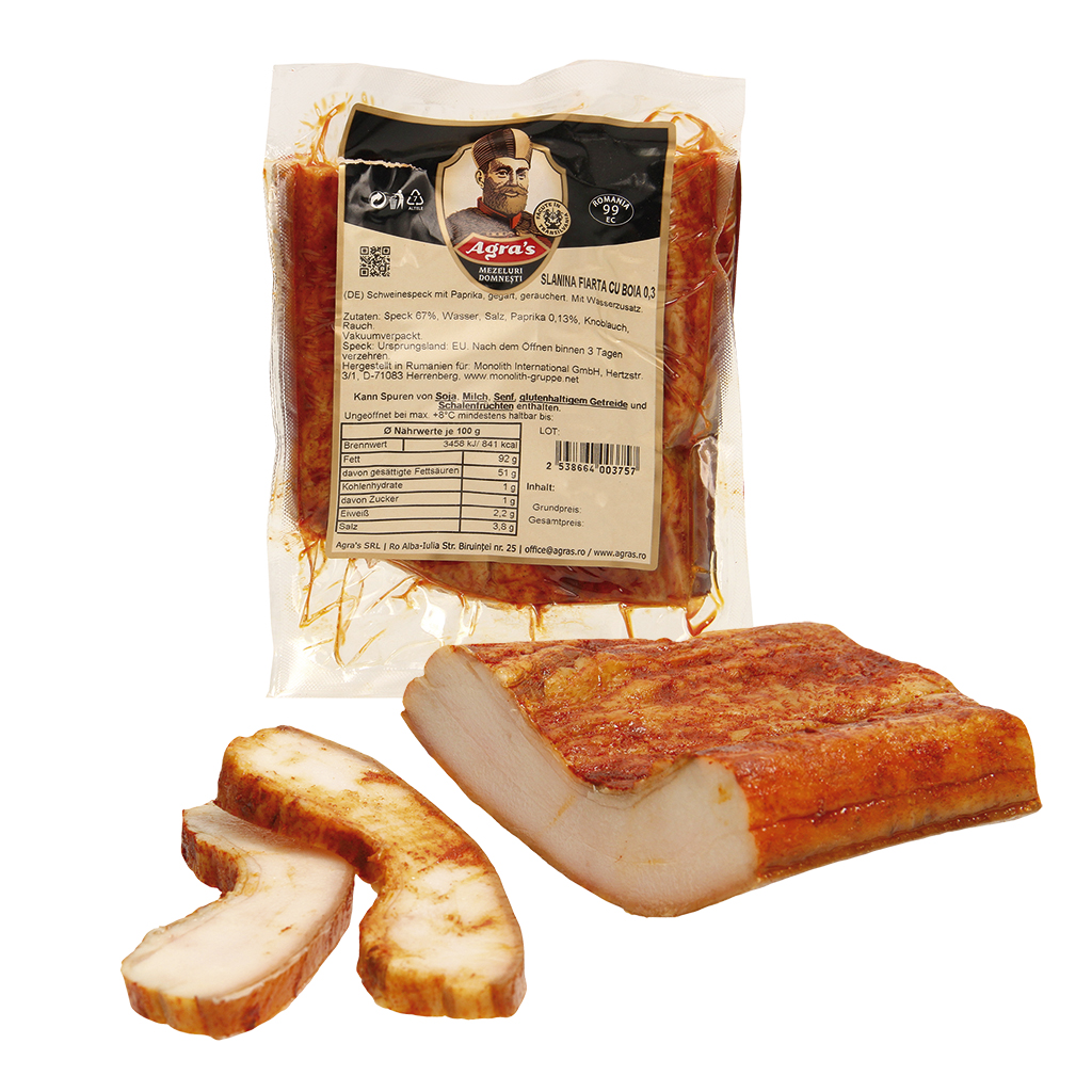 Varkensspek met paprika, gekookt, "gerookt" ""Slanina fiarta