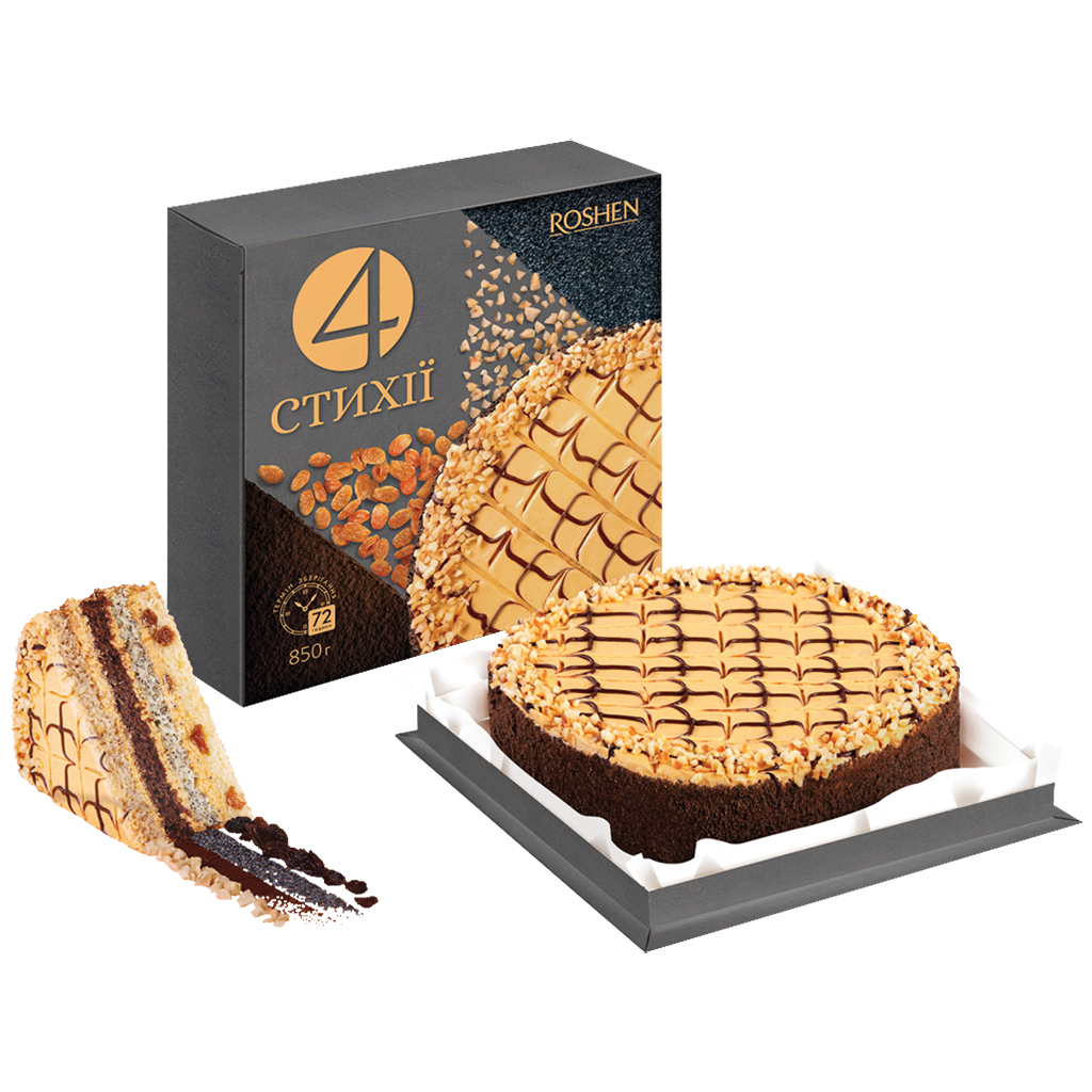 Taart "4 Elementen" van 4 taartbodems met pinda's, maanzaad, rozijnen en cacao, gevuld en bedekt met room met gezoete gecondenseerde melk 27,3