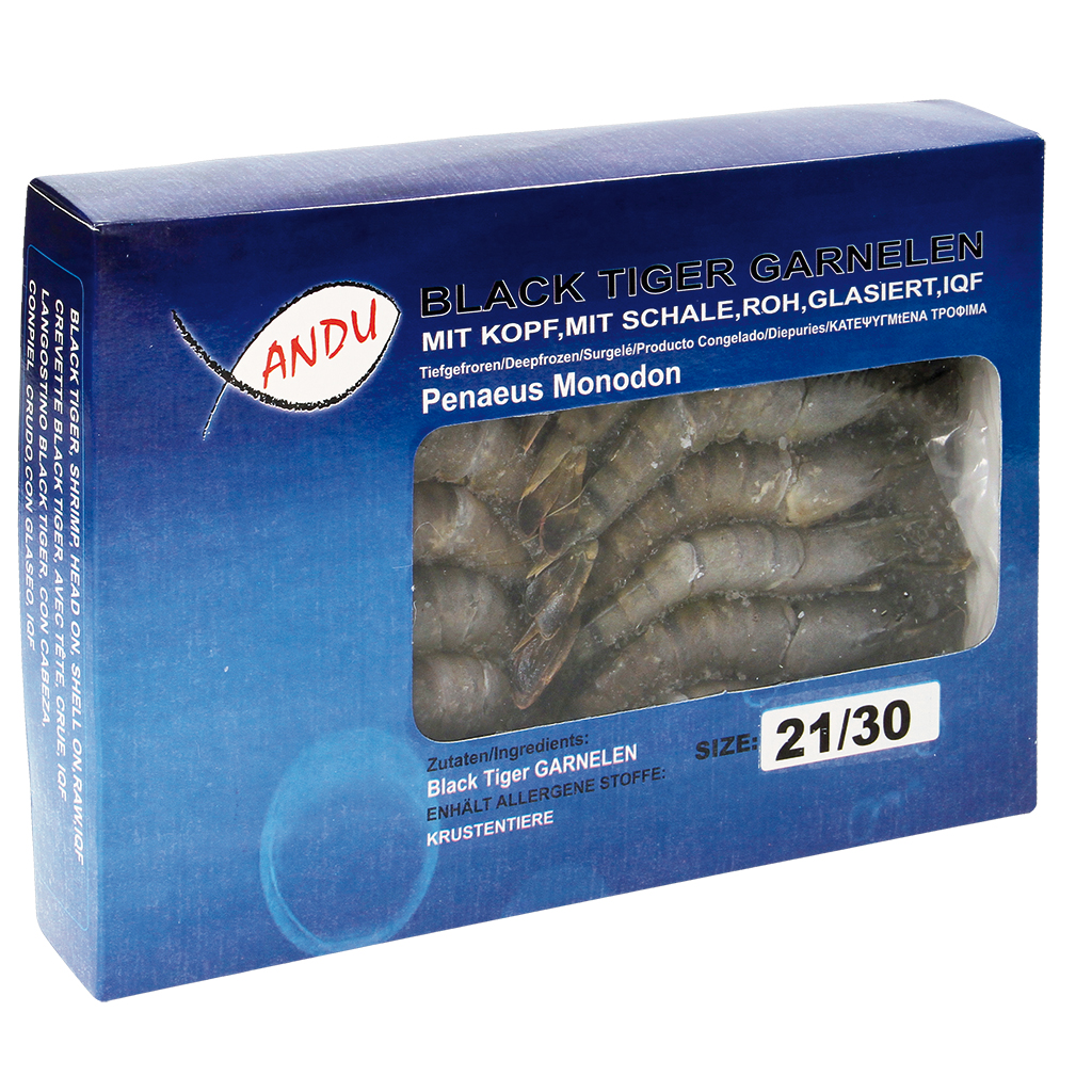 Black tiger garnalen met kop en schil, rauw, geglazuurd, 21/
