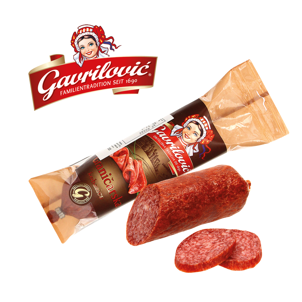 Сырокопченая колбаса, среднезернистая, копченая и высушенная