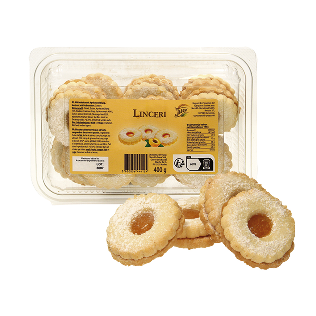"Linceri" Mürrebiscuit met abrikozenvulling, bestrooid met p
