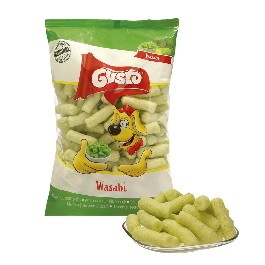 Geëxtrudeerde snack ""Pufuleti"" van maïsgries met wasabi-sm