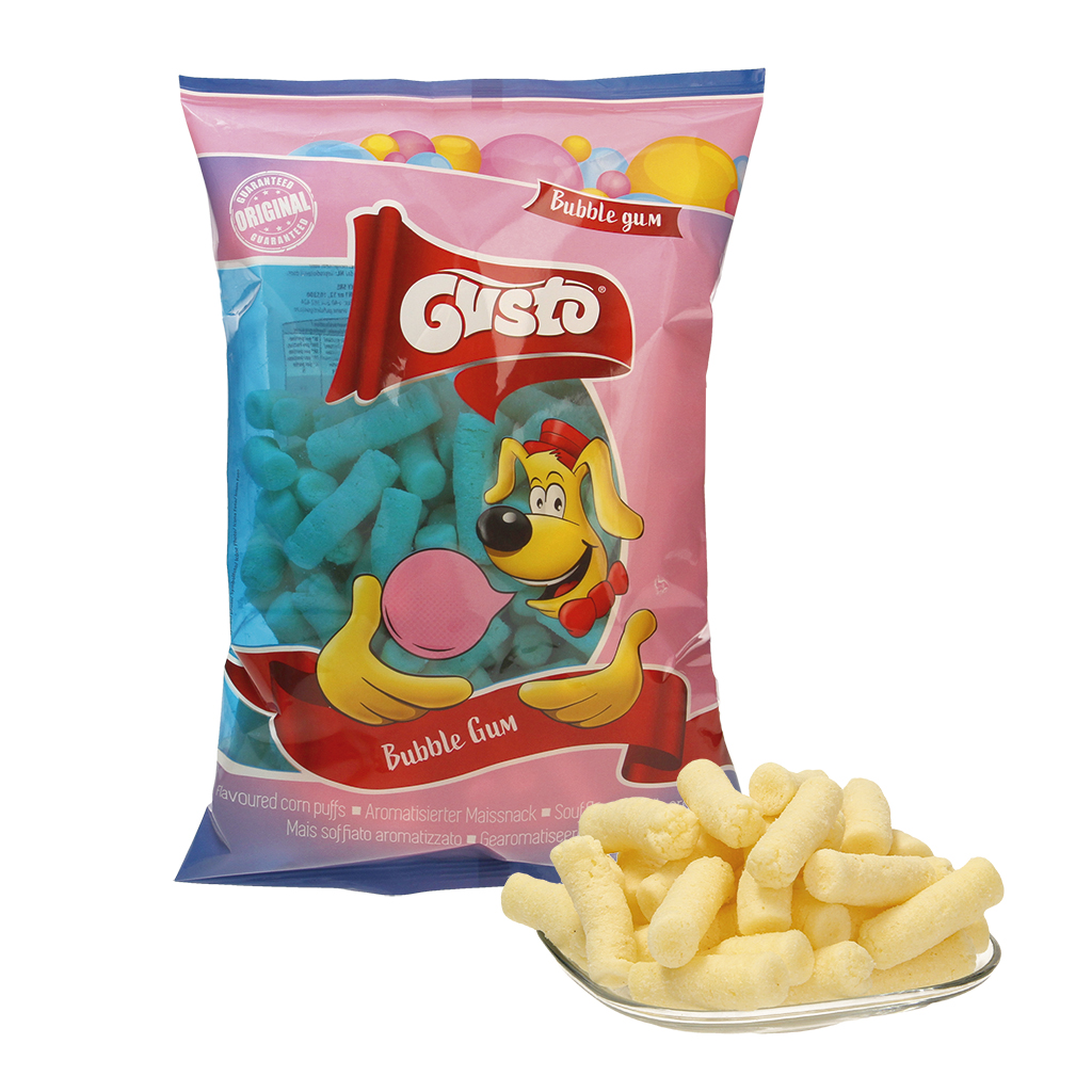 Geëxtrudeerde snack ""Pufuleti"" van maïsgries met kauwgomsm