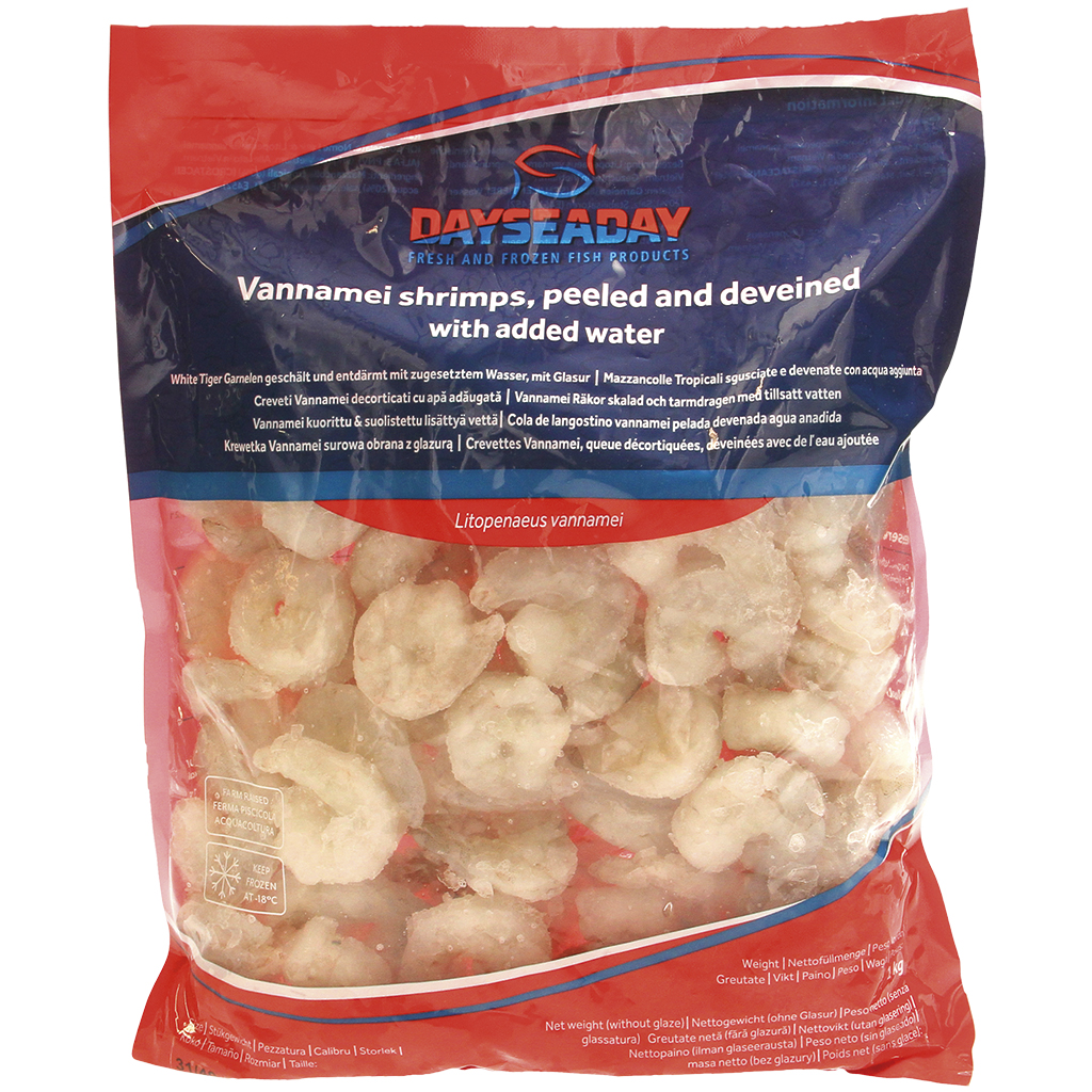 Очищенные и девинированные белые тигровые креветки