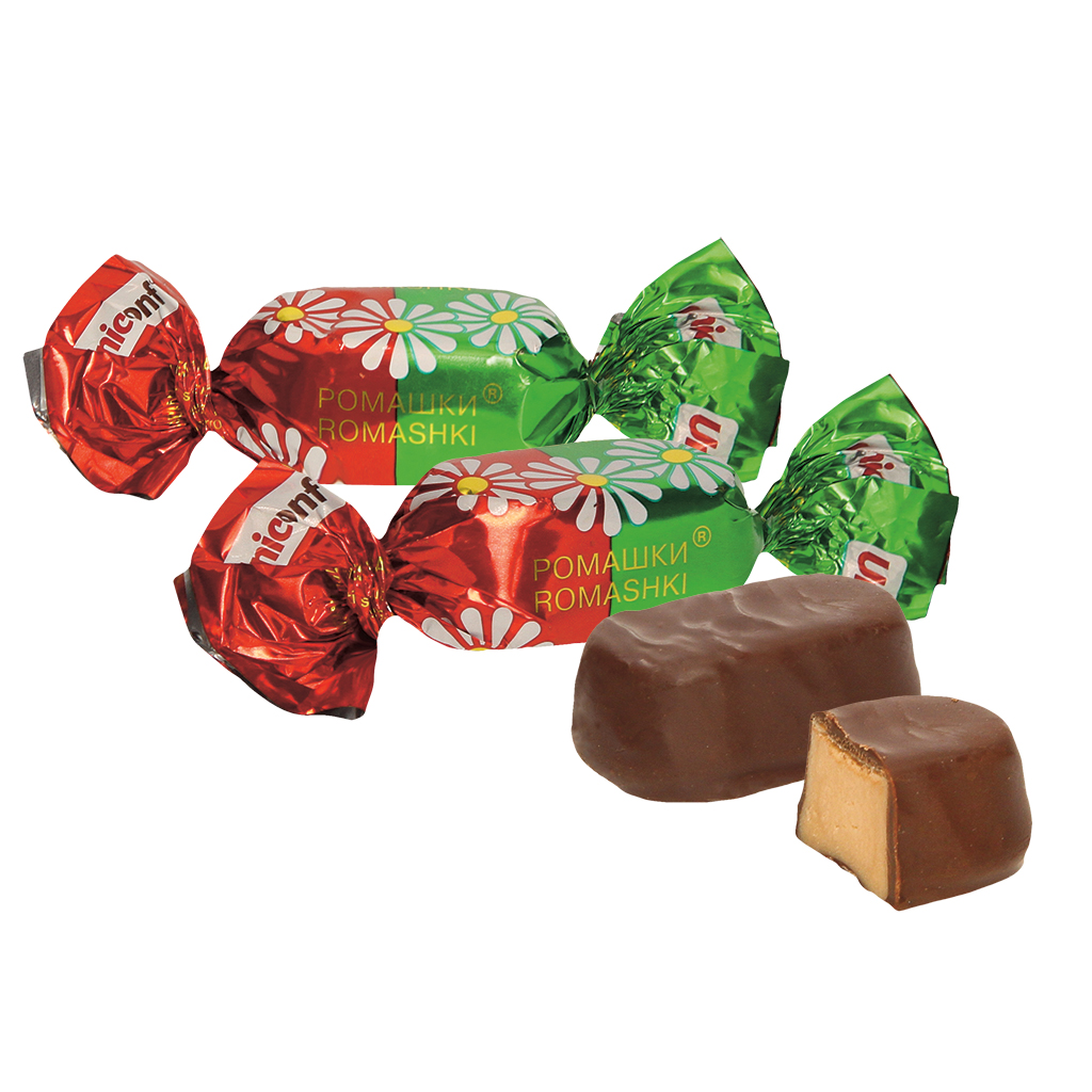 Fondantconfectie ""Romaschki"", omhuld met chocolade.