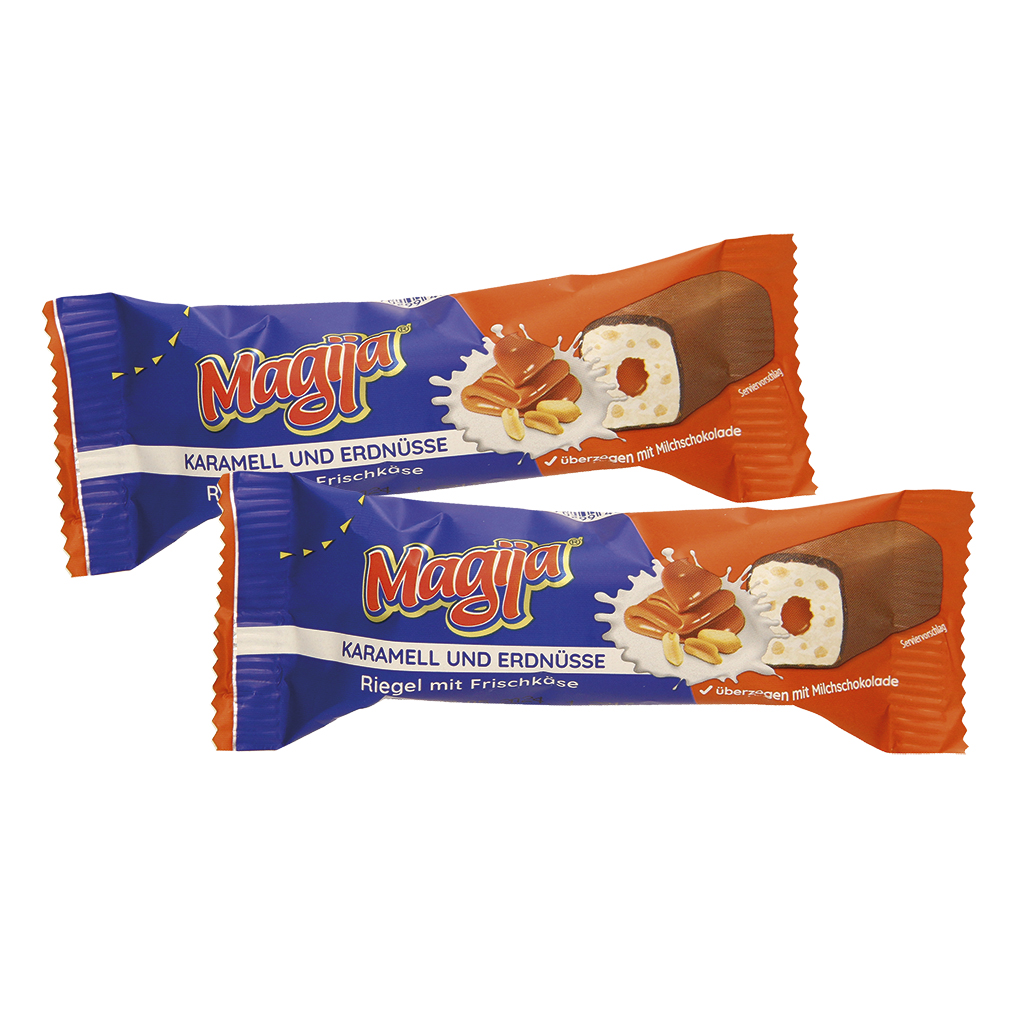 Reep met roomkaas, karamel en pinda's bedekt met melkchocola