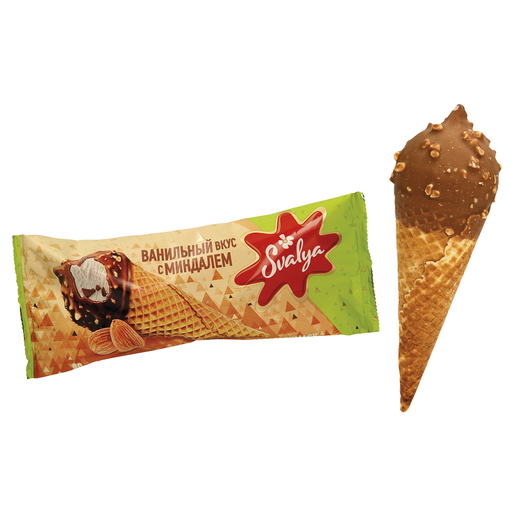 IJs met vanillesmaak in een wafelhoorn met 4,7% cacaohoudende vetglazuur, bedekt met 9% cacaohoudende vetglazuur met amandelen.