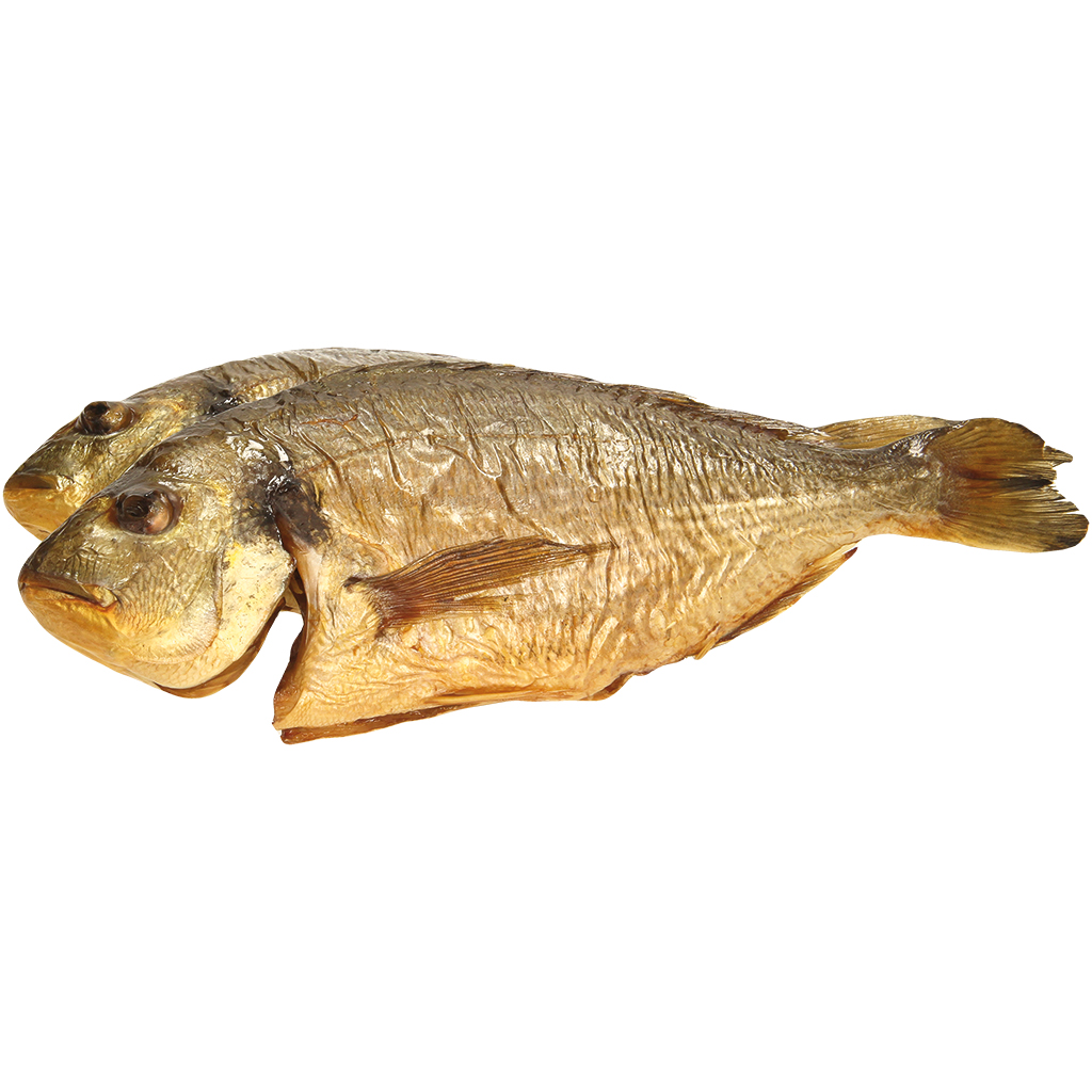 Goudbrasem, schoongemaakt met hoofd, warm gerookt / los