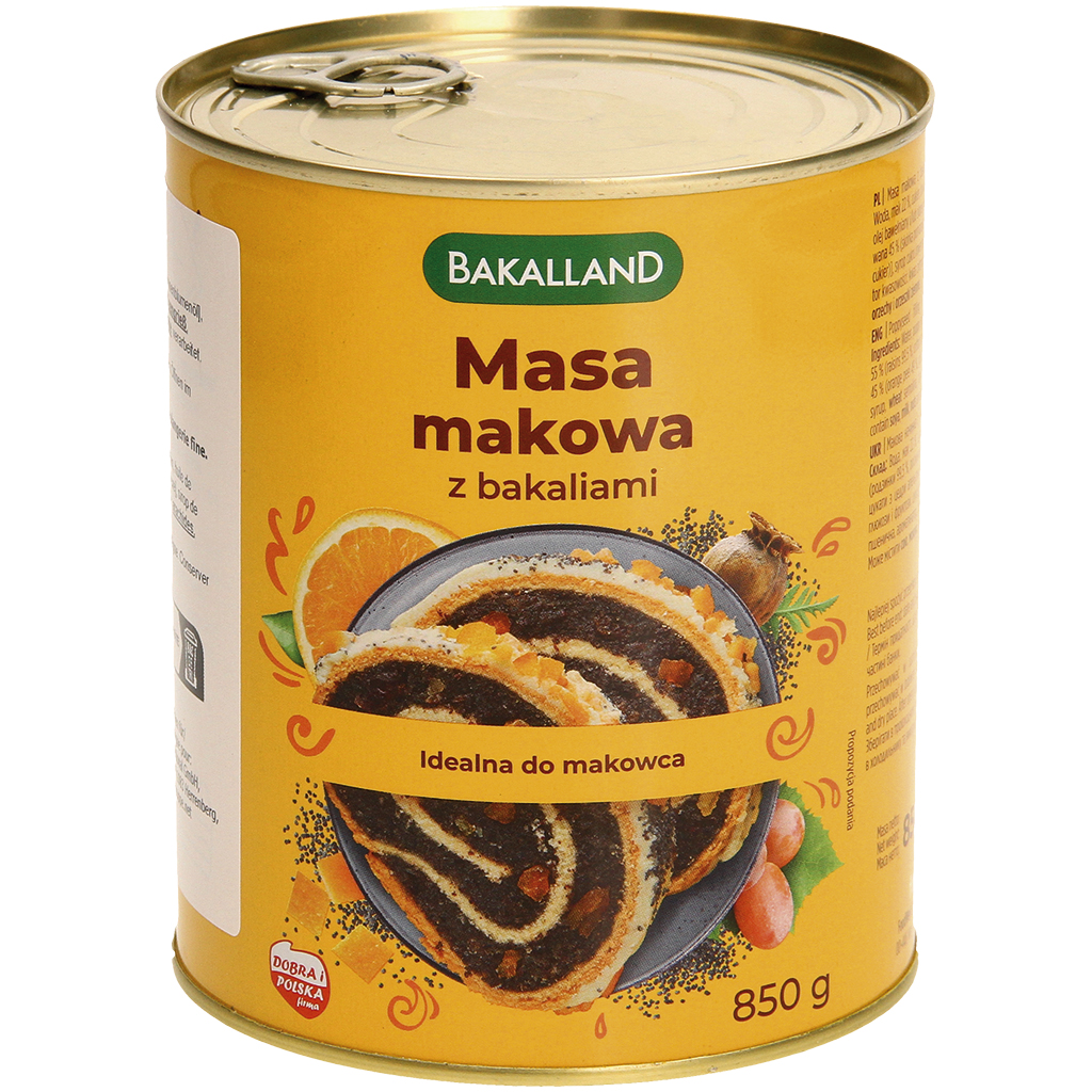 Maanzaadbereiding met rozijnen en sinaasappelschil voor fijne bakwaren. Gesteriliseerd.