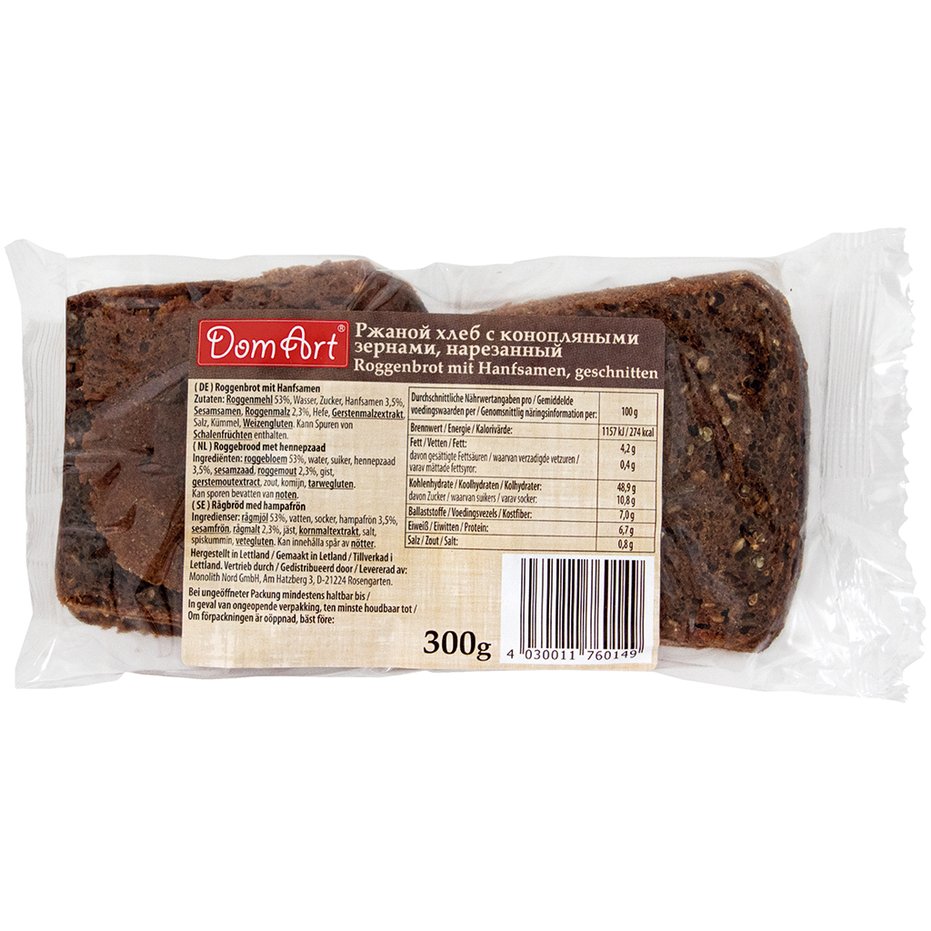 Roggebrood met hennepzaad, gesneden.