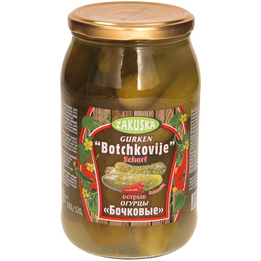 Melkzuur gefermenteerde komkommers "Botchkovije", pittig