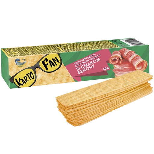 KARTOFAN Stapelchips van aardappelen, in reepvorm, met baconsmaak.