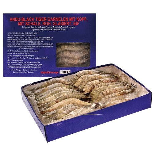 Черная тигровая креветка, не чищенная, сырая, глазированная,