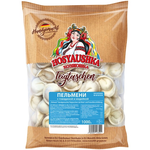 Handgemaakte deegwaren met een vulling van rund- en kalkoenvlees "Pelmeni". Diepgevroren.