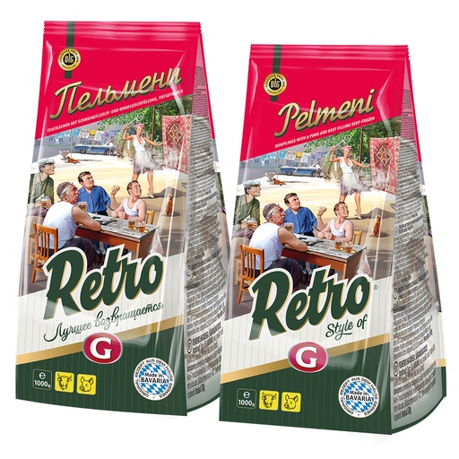 Пельмени "RETRO - Pelmeni 1000g" из свинины и говядины, продукт глубокой заморзки