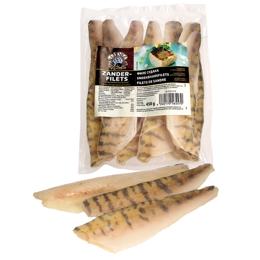 Филе судака (Stizostedion lucioperca), с кожей, обшкуренное, глазированное и глубоко замороженное.