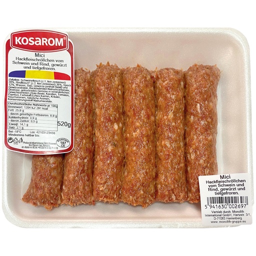 Gehaktrolletjes "Mici" van varkensvlees en rundvlees, gekrui