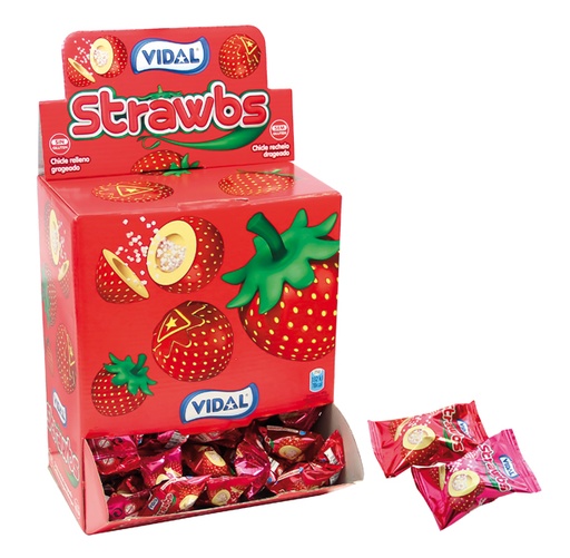 Kauwgom "Strawbs" met aardbeismaak, gevuld met bruis, apart 