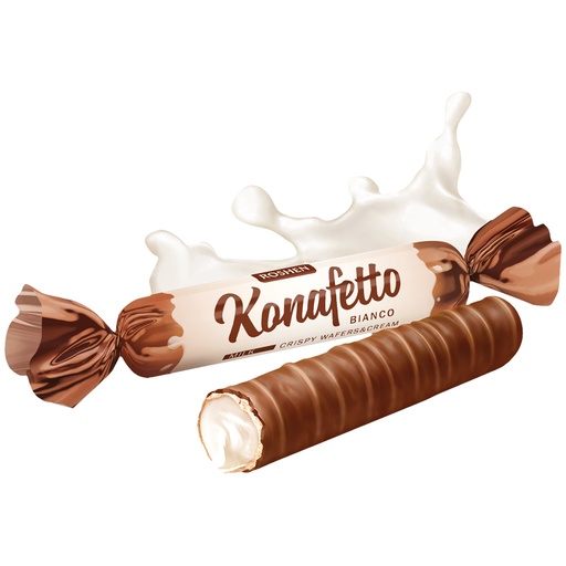 Wafelrolletjes "Konafetto bianco" met een romige vulling met melk smaak (50%) in cacao-vetglazuur (29%)