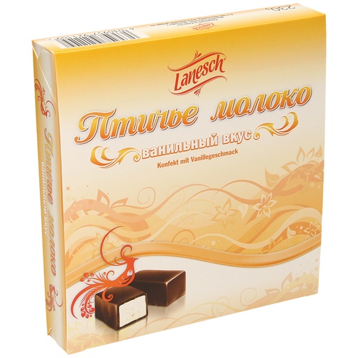 Snoep van schuimsuiker met vanillesmaak "Ptitschje Moloko" omhuld met chocolade.