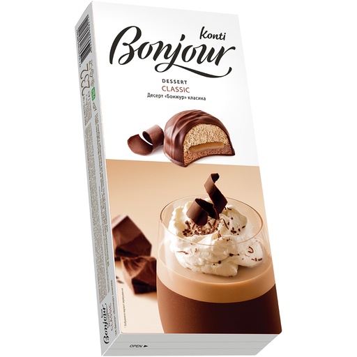 Schuimsuikerwaren (25,5%) "Bonjour Konti" Classik op luchtige zanddeegbodem (26%) en toffeecrème (21,5%), omhuld met cacao-houdende vetglazuur (27%)