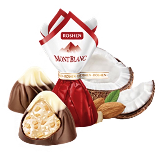 "Monblan" melkchocoladeconfiserie met kokoscrèmevulling (47%) en amandelen (6%)