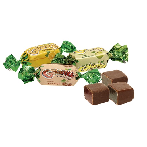 Ассорти желейных конфет в шоколаде со вкусами яблока, вишни,