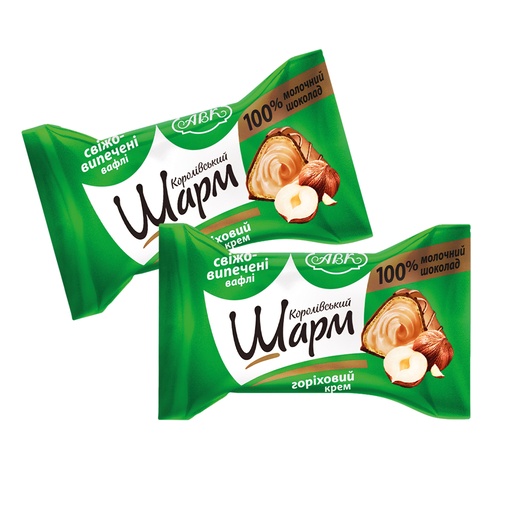 "Korolivsky Sharm" Gevulde wafelbonbons met hazelnootvulling (56,5%) en omhuld met cacaohoudende vetglazuur (36%)
