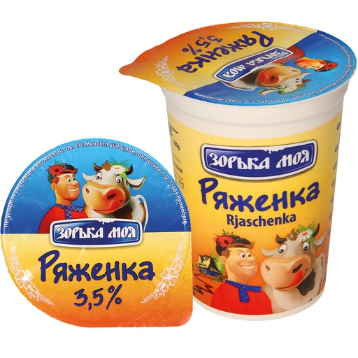 "Rjaschenka" - Yoghurtproduct gekleurd met karamelsuikersiroop, 3,5% vet in het melkgehalte.