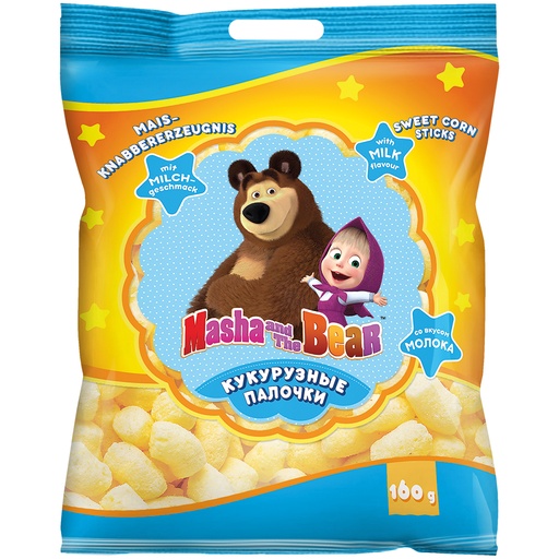 Maïs snackproduct "Masha and the Bear" met melksmaak.