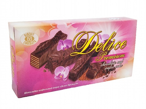 Wafelgebak "Delis Premium" in chocoladelaag (28%), versierd