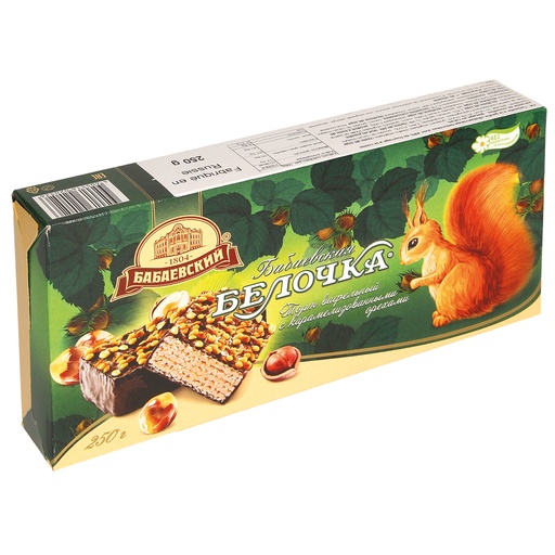 Taartjes van wafels (13,3%) en roomvulling (46,6%) met melkchocoladesmaak, bestrooid met gekonfijte hazelnoten, in cacaohoudende vetglazuur.