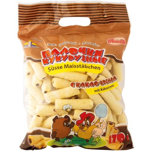 Maïsnibbelproduct Zoete maïssticks met chocoladevulling