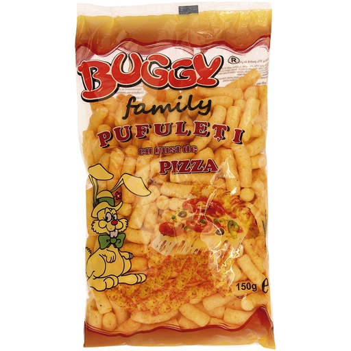 Maïs-snackproduct met pizza-smaak.