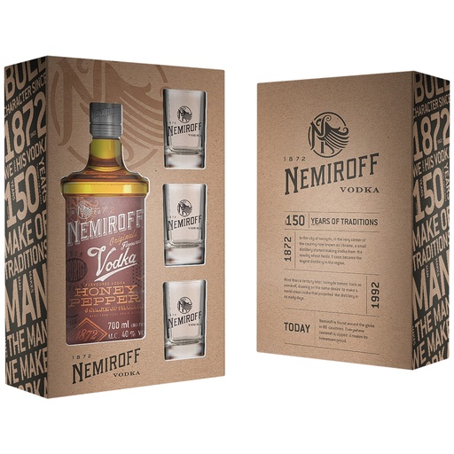 Aromatisierte Vodka "Nemiroff Honig-Peperoni" met kleurstof, souvenirdoos met 3 glazen, 40 % vol.