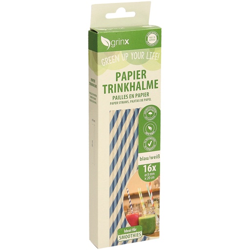 Бумажные соломинки для напитков, 16 штуки, голубые/белые, d=